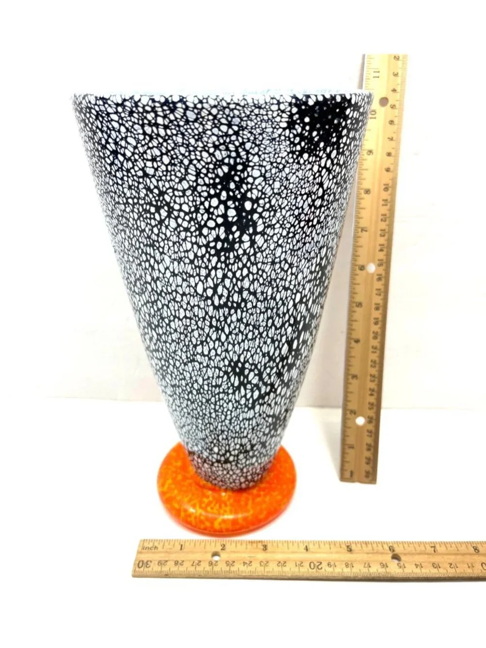 Black & White Spotted Glass Vase Orange Base 12 Inches Tall Unique Cracked Desig